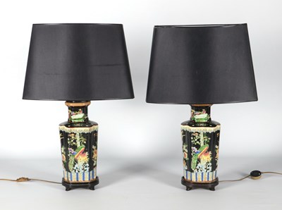 Lot 1260 - 2 Chinese Famille Noir Vases, converted to lamps