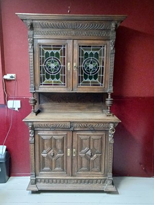 Lot 1276 - Antique French Flemish Oak Buffet Stained Glass