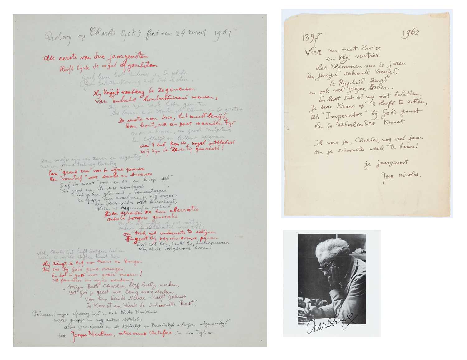 Lot 26 - Charles Eyck (1897 - 1983) - 2 Handschriften en 1 gesigneerde Foto